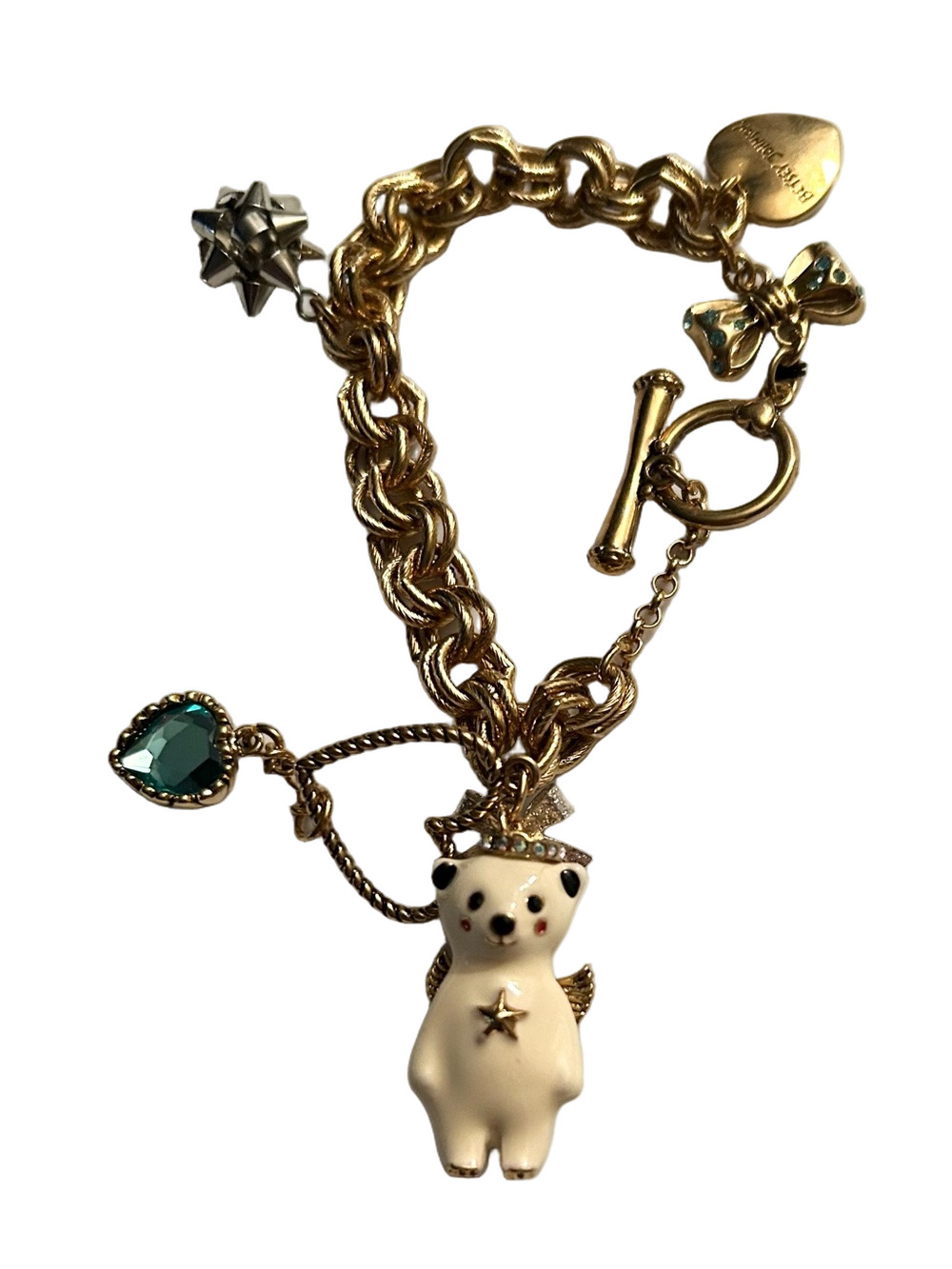 Betsey Johnson Gold-tone Charm Bracelet with Cream Angel Bear  and Teal Heart